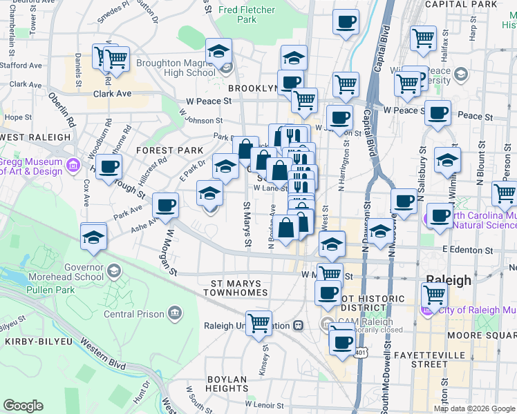 map of restaurants, bars, coffee shops, grocery stores, and more near in Raleigh