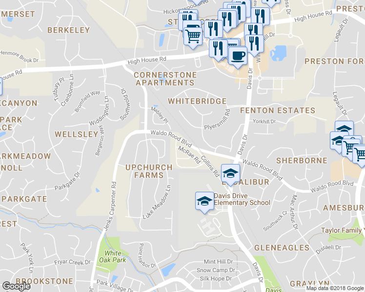 map of restaurants, bars, coffee shops, grocery stores, and more near 713 McRae Road in Cary