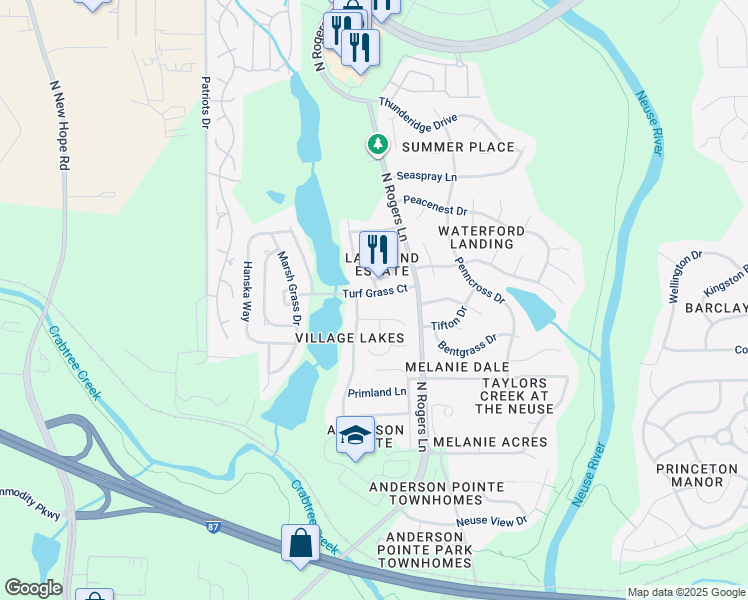 map of restaurants, bars, coffee shops, grocery stores, and more near 5228 Turf Grass Court in Raleigh