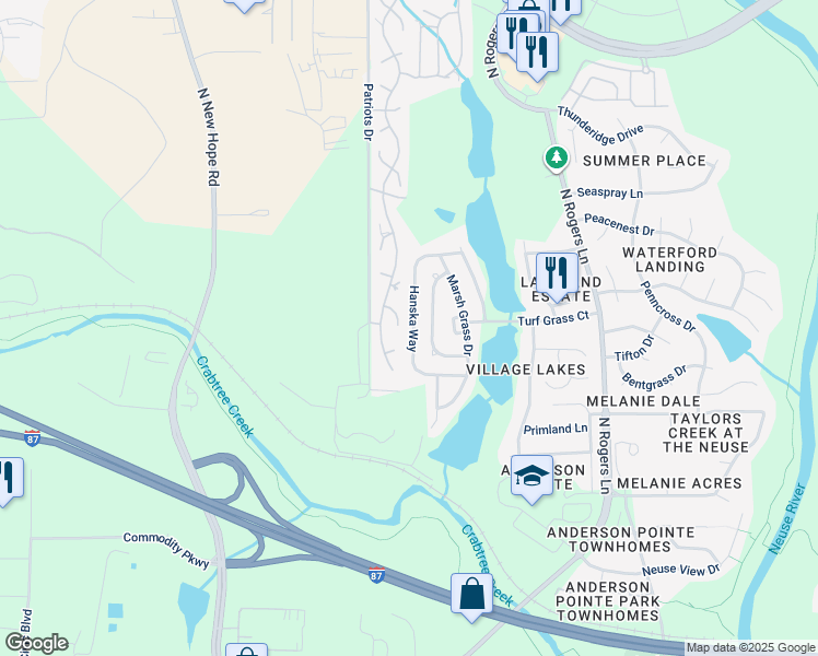 map of restaurants, bars, coffee shops, grocery stores, and more near 613 Hanska Way in Raleigh