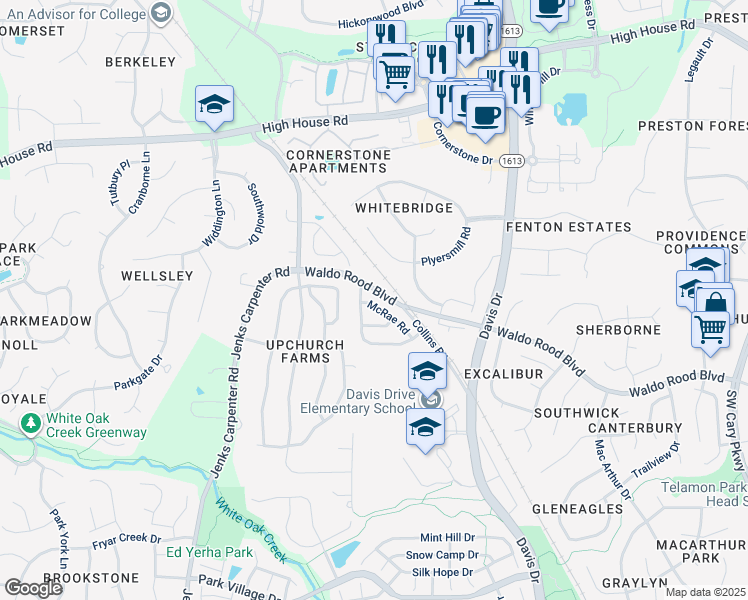 map of restaurants, bars, coffee shops, grocery stores, and more near 713 McRae Road in Cary