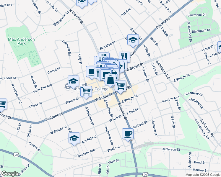map of restaurants, bars, coffee shops, grocery stores, and more near 207 South Center Street in Statesville