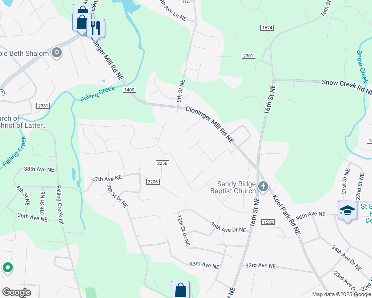 map of restaurants, bars, coffee shops, grocery stores, and more near 3883 12th Street Northeast in Hickory