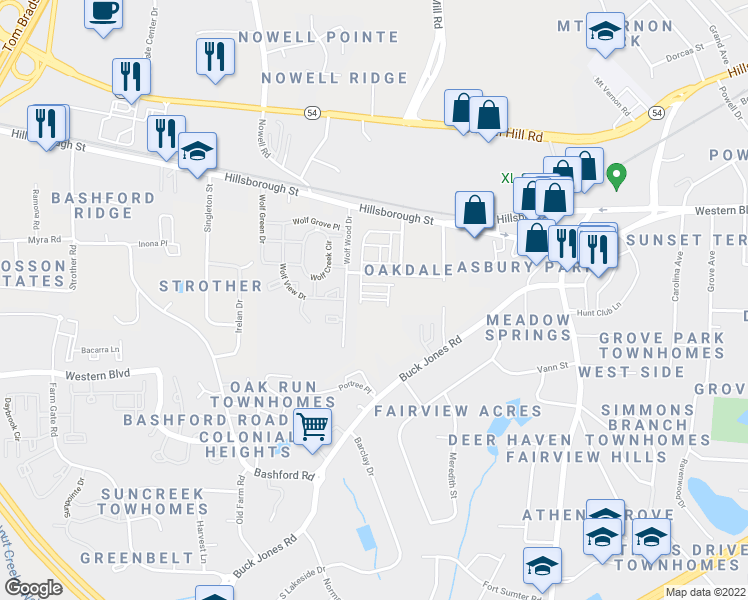 map of restaurants, bars, coffee shops, grocery stores, and more near Shavlik Trail in Raleigh