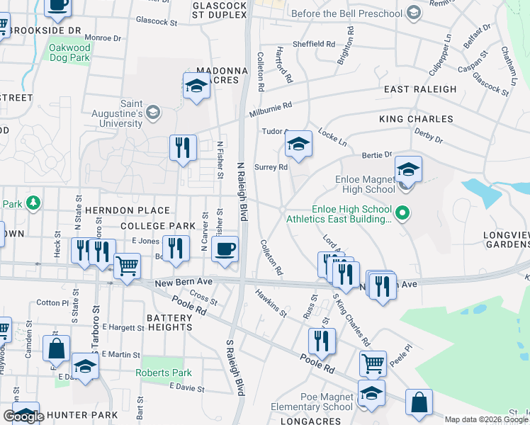 map of restaurants, bars, coffee shops, grocery stores, and more near 300 Colleton Road in Raleigh