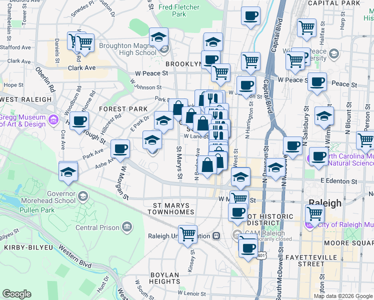 map of restaurants, bars, coffee shops, grocery stores, and more near in Raleigh