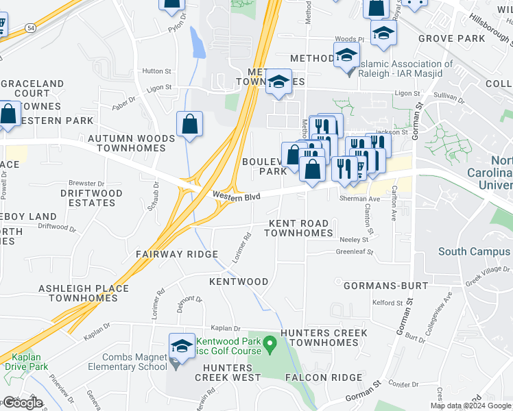 map of restaurants, bars, coffee shops, grocery stores, and more near 1102 Lorimer Road in Raleigh