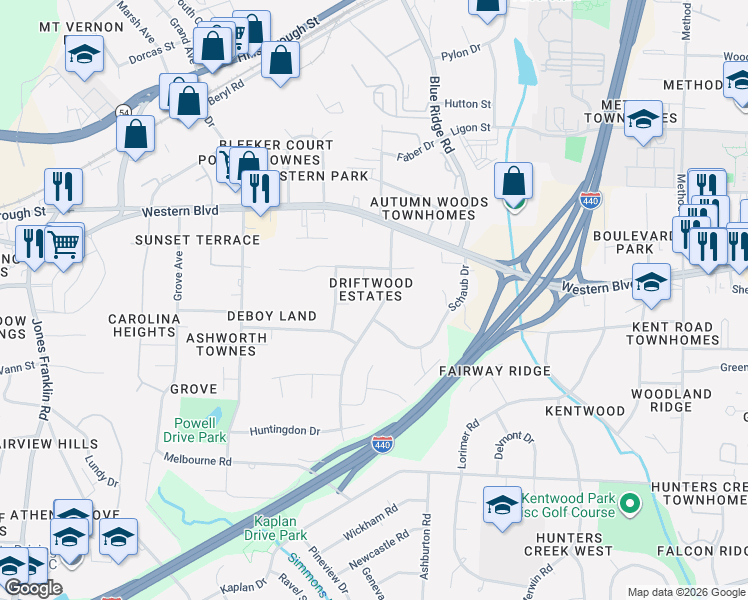 map of restaurants, bars, coffee shops, grocery stores, and more near 1000 Deboy Street in Raleigh