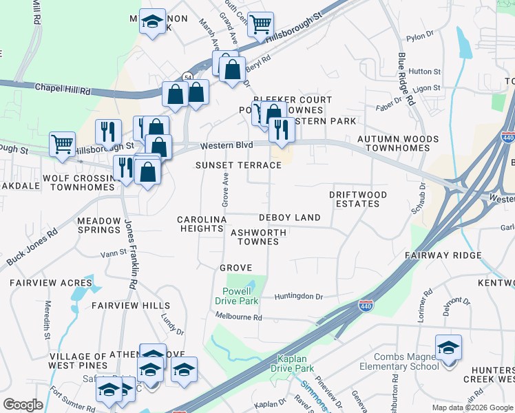 map of restaurants, bars, coffee shops, grocery stores, and more near 612 Powell Drive in Raleigh