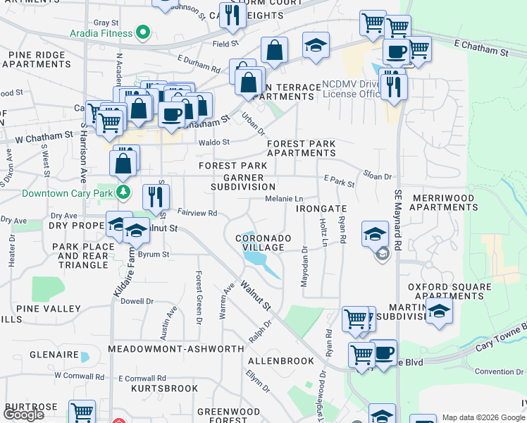 map of restaurants, bars, coffee shops, grocery stores, and more near 308 Melanie Lane in Cary