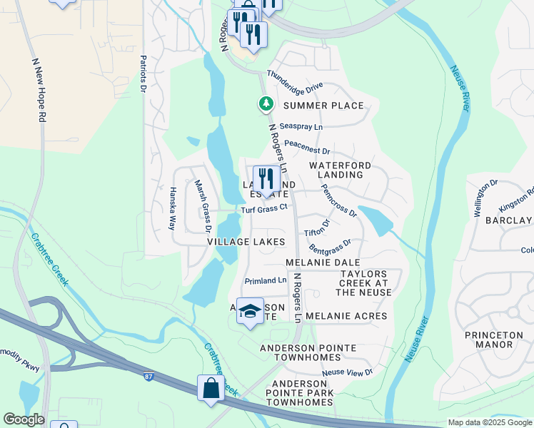 map of restaurants, bars, coffee shops, grocery stores, and more near 5236 Turf Grass Court in Raleigh