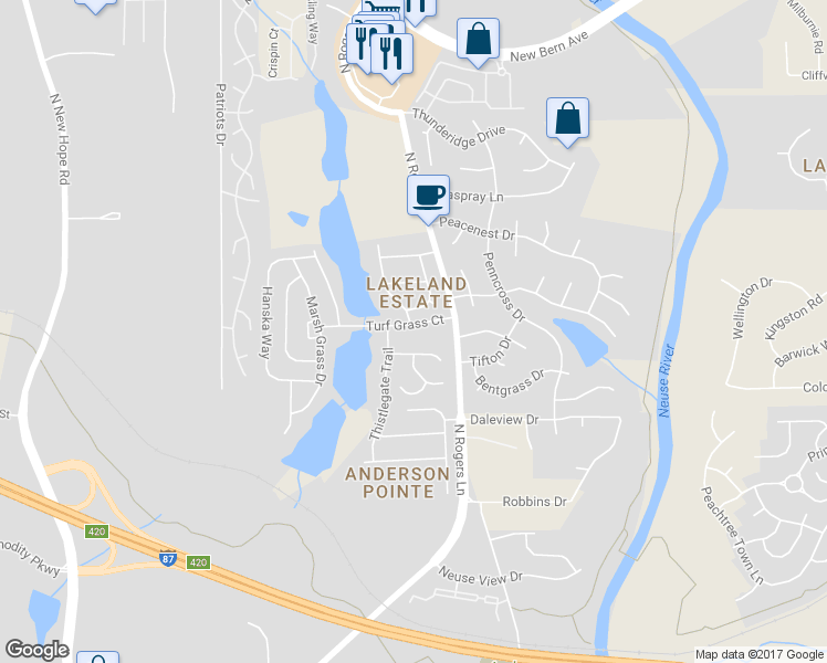 map of restaurants, bars, coffee shops, grocery stores, and more near 5236 Turf Grass Court in Raleigh