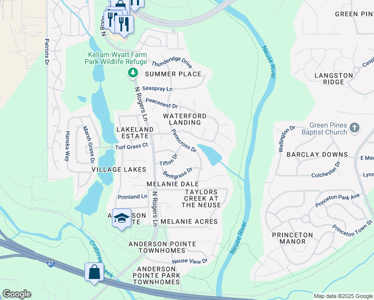 map of restaurants, bars, coffee shops, grocery stores, and more near 641 Penncross Drive in Raleigh
