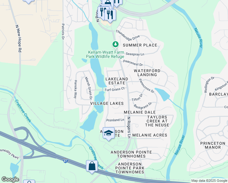 map of restaurants, bars, coffee shops, grocery stores, and more near 5228 Turf Grass Court in Raleigh