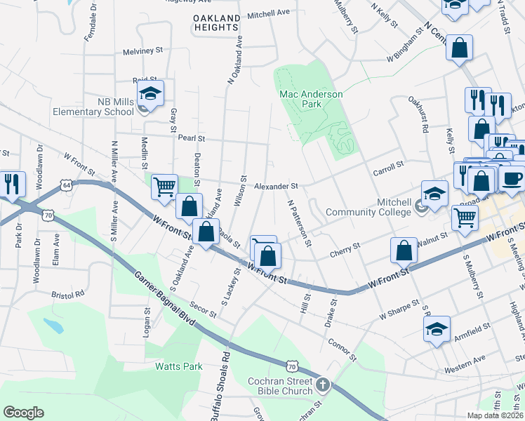 map of restaurants, bars, coffee shops, grocery stores, and more near 278 North Lackey Street in Statesville