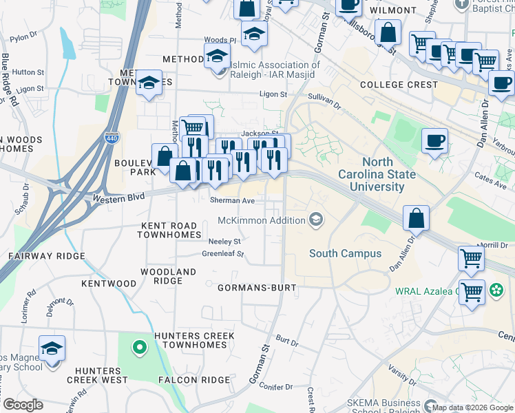 map of restaurants, bars, coffee shops, grocery stores, and more near 3801 Sherman Avenue in Raleigh