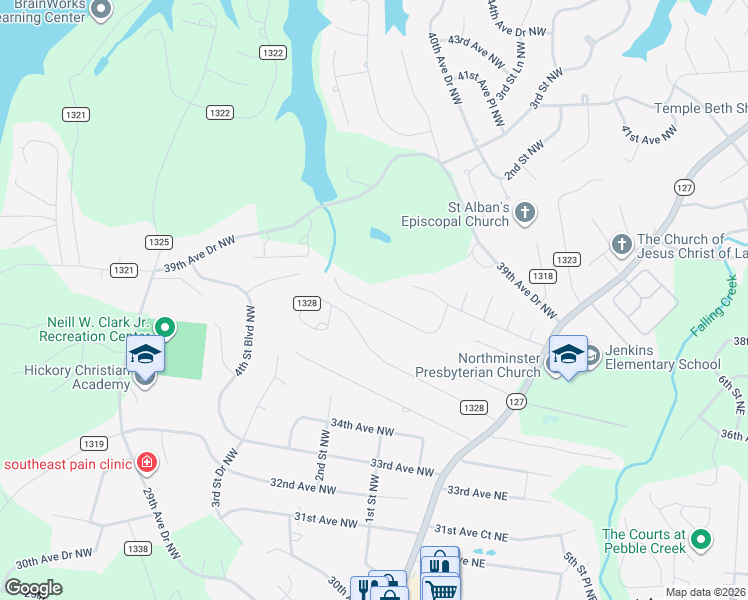 map of restaurants, bars, coffee shops, grocery stores, and more near 182 37th Avenue Place Northwest in Hickory
