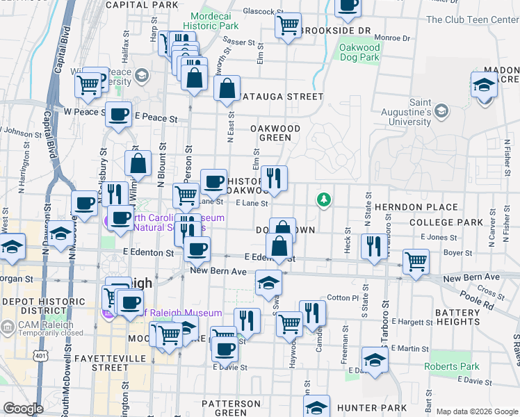 map of restaurants, bars, coffee shops, grocery stores, and more near 606 East Lane Street in Raleigh