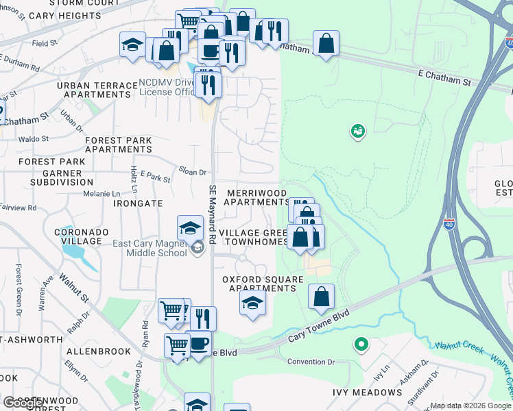 map of restaurants, bars, coffee shops, grocery stores, and more near 903 Kensington Drive in Cary