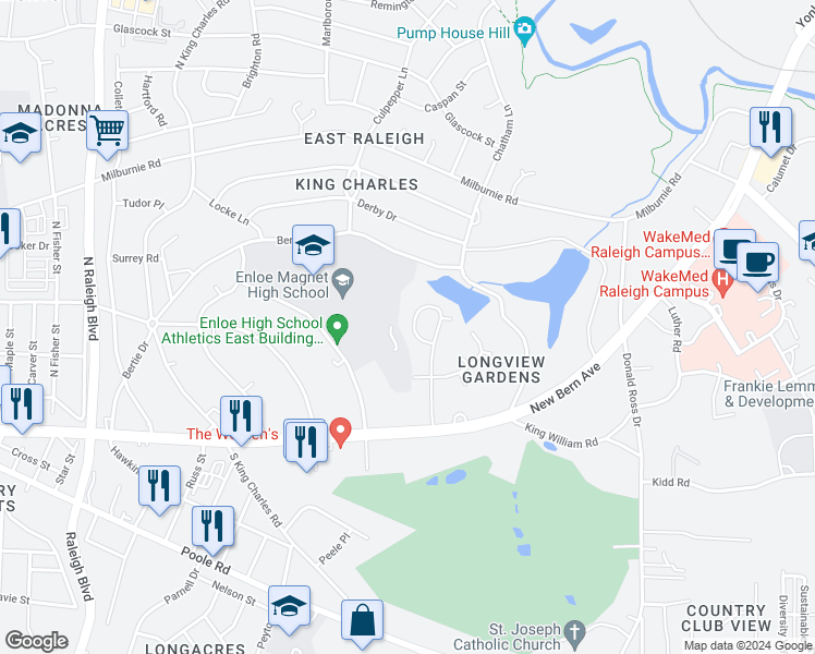 map of restaurants, bars, coffee shops, grocery stores, and more near 452 Dickens Drive in Raleigh