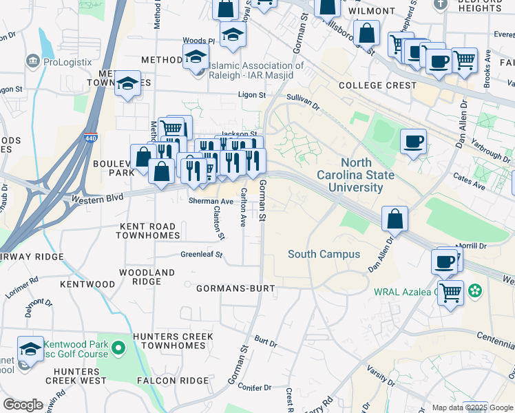 map of restaurants, bars, coffee shops, grocery stores, and more near 3710 Rhyne's Gate Way in Raleigh