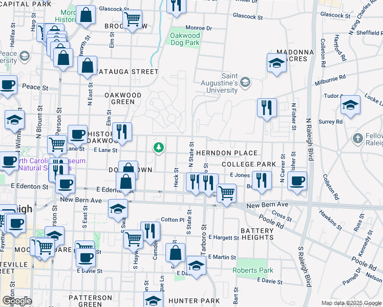 map of restaurants, bars, coffee shops, grocery stores, and more near 300 North State Street in Raleigh