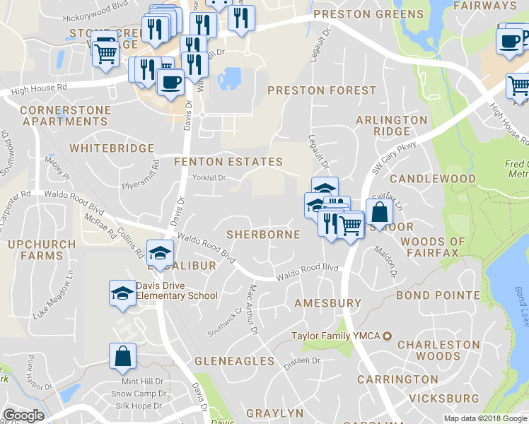 map of restaurants, bars, coffee shops, grocery stores, and more near 305 Breckenwood Drive in Cary
