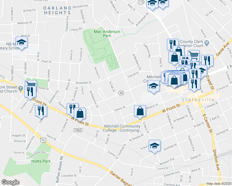 map of restaurants, bars, coffee shops, grocery stores, and more near 644 West End Avenue in Statesville