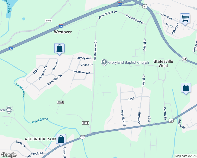 map of restaurants, bars, coffee shops, grocery stores, and more near 711 Westminster Drive in Statesville