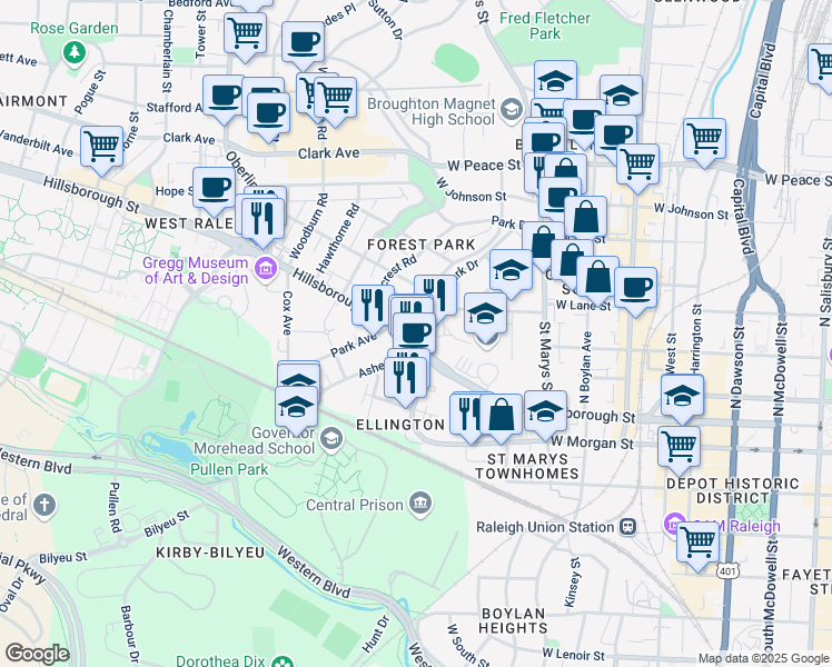 map of restaurants, bars, coffee shops, grocery stores, and more near 1305 College Place in Raleigh
