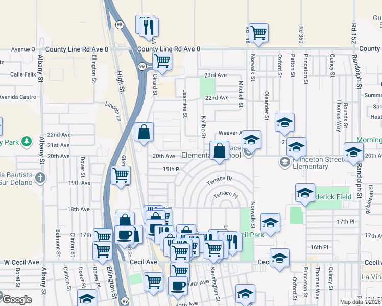 map of restaurants, bars, coffee shops, grocery stores, and more near 903 20th Avenue in Delano