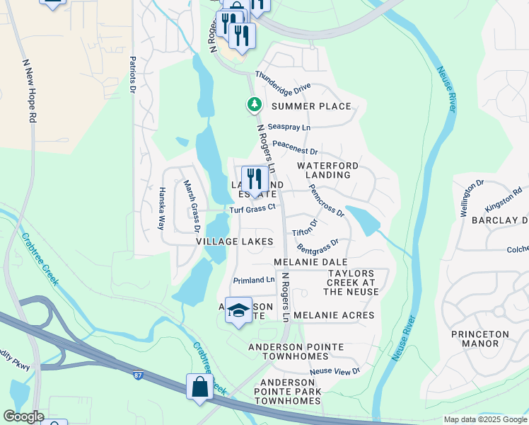 map of restaurants, bars, coffee shops, grocery stores, and more near 5248 Turf Grass Court in Raleigh