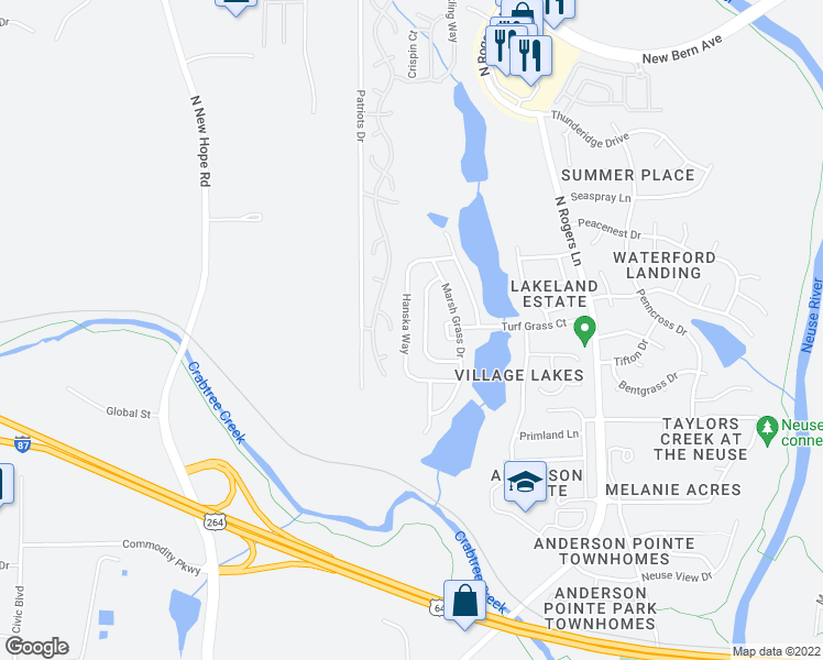map of restaurants, bars, coffee shops, grocery stores, and more near 616 Hanska Way in Raleigh