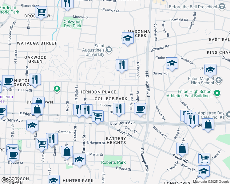 map of restaurants, bars, coffee shops, grocery stores, and more near in Raleigh