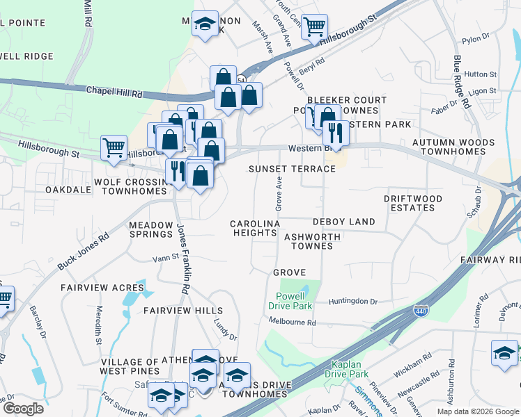 map of restaurants, bars, coffee shops, grocery stores, and more near 605 Carolina Avenue in Raleigh