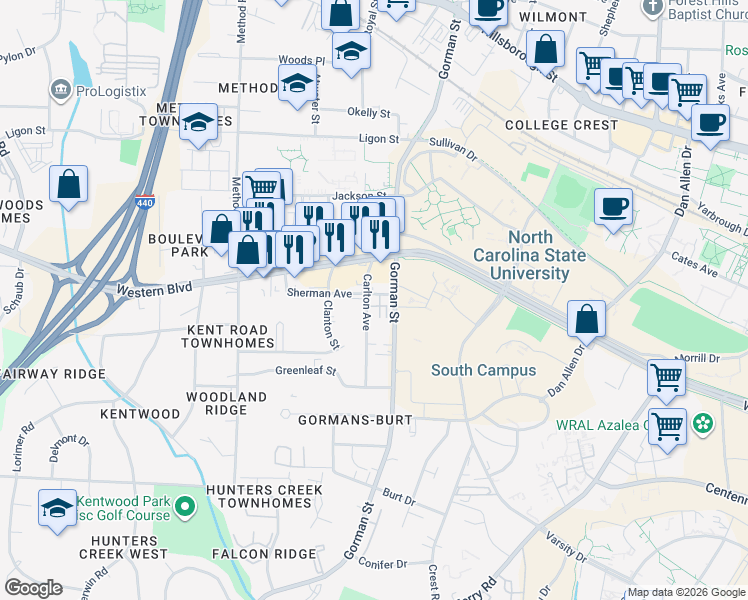 map of restaurants, bars, coffee shops, grocery stores, and more near 1008 Carlton Avenue in Raleigh