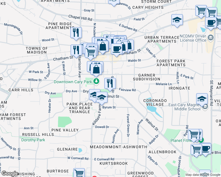 map of restaurants, bars, coffee shops, grocery stores, and more near 331 Walker Street in Cary