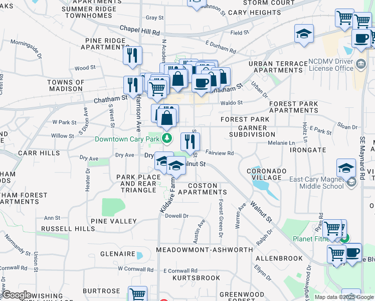 map of restaurants, bars, coffee shops, grocery stores, and more near 331 Walker Street in Cary