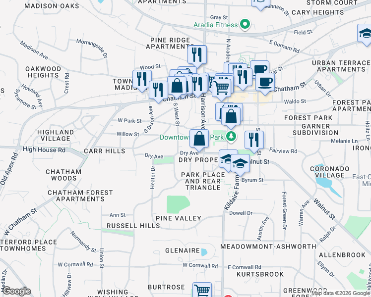 map of restaurants, bars, coffee shops, grocery stores, and more near 130 Manhattan Court in Cary