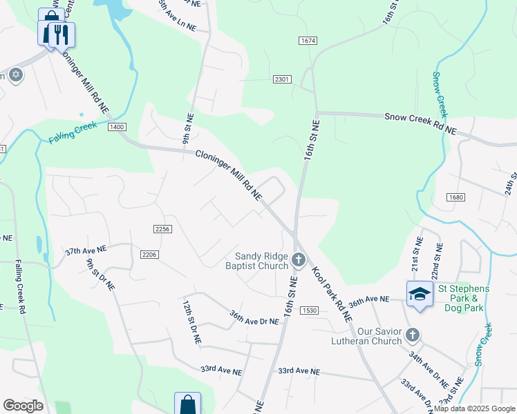 map of restaurants, bars, coffee shops, grocery stores, and more near 1311 Cloninger Mill Road Northeast in Hickory