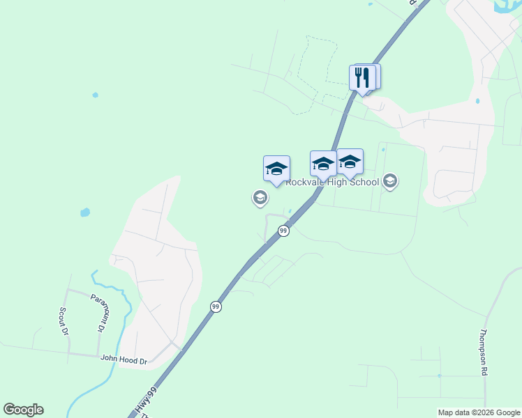 map of restaurants, bars, coffee shops, grocery stores, and more near 6550 Highway 99 in Rockvale