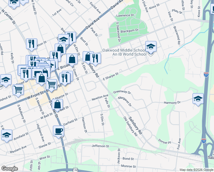 map of restaurants, bars, coffee shops, grocery stores, and more near 510 East Sharpe Street in Statesville