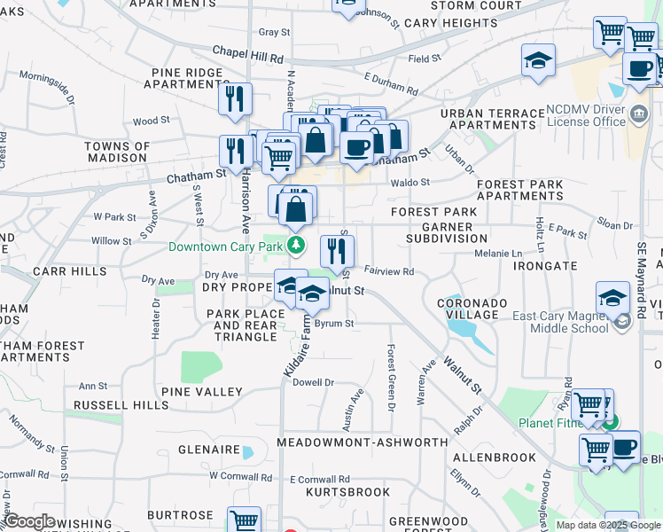 map of restaurants, bars, coffee shops, grocery stores, and more near 352 South Walker Street in Cary