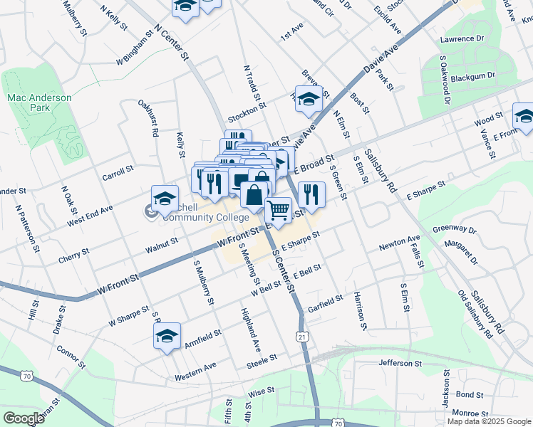 map of restaurants, bars, coffee shops, grocery stores, and more near 217 South Center Street in Statesville
