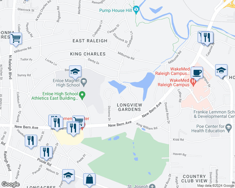 map of restaurants, bars, coffee shops, grocery stores, and more near 2312 Stonesthrow Court in Raleigh