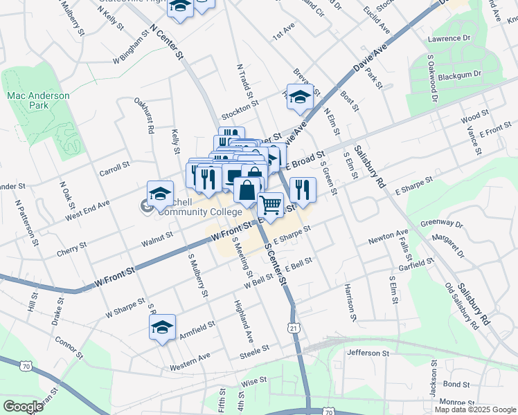 map of restaurants, bars, coffee shops, grocery stores, and more near 217 South Center Street in Statesville