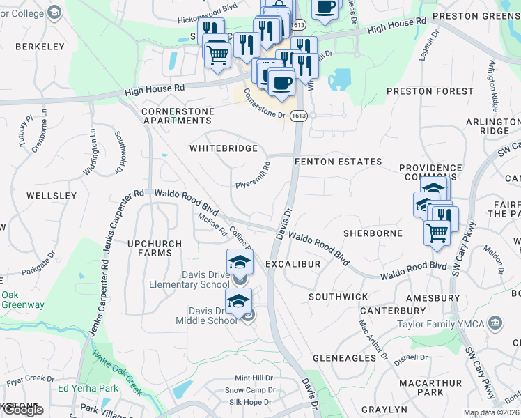 map of restaurants, bars, coffee shops, grocery stores, and more near 238 Daymire Glen Lane in Cary