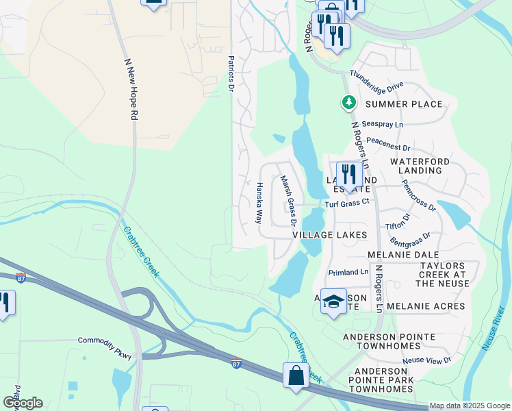 map of restaurants, bars, coffee shops, grocery stores, and more near 617 Hanska Way in Raleigh