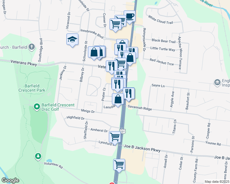 map of restaurants, bars, coffee shops, grocery stores, and more near 3010 London View in Murfreesboro