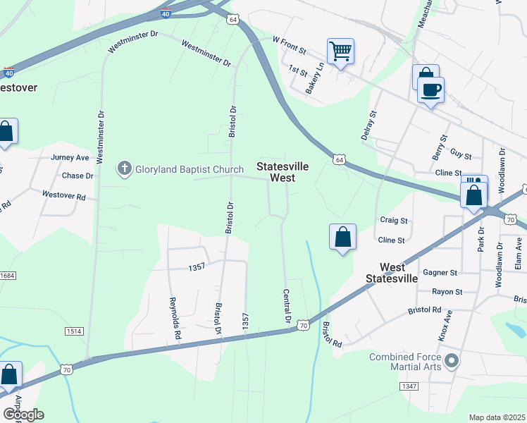 map of restaurants, bars, coffee shops, grocery stores, and more near 518 Holly Street in Statesville